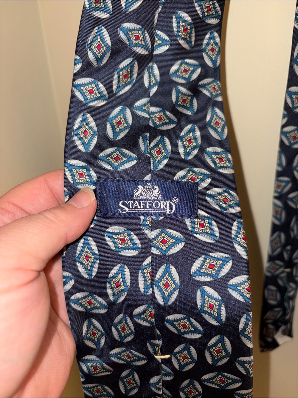 Stafford Navy Geometric Silk Tie with Light Blue‎ and Red Accents